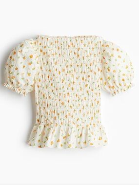 DIVIDED H&M SMOCKED COTTAGE SHORT Puff Sleeve Oranges Floral Print Top M